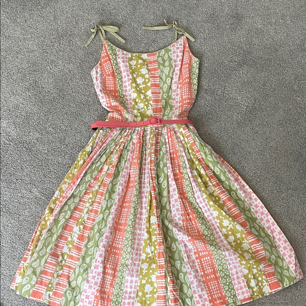 Vintage Striped Floral Tie-Shoulder Sundress in Coral, Olive & Pink
